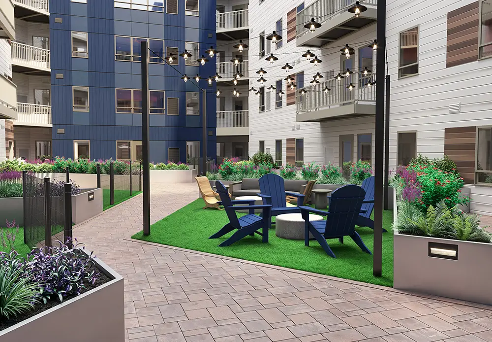 Courtyard with lounge seating and string lights