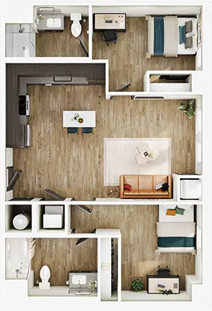 B6 floor plan diagram — 2 Bed · 2 Bath · 928 sq ft