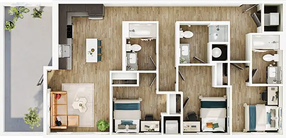 C4 floor plan diagram — 3 Bed · 3 Bath · 1,050 sq ft